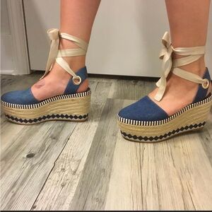 NWOT Tory Burch Blue Denim Dandy Ankle Wrap Espadrille Wedge Sandals